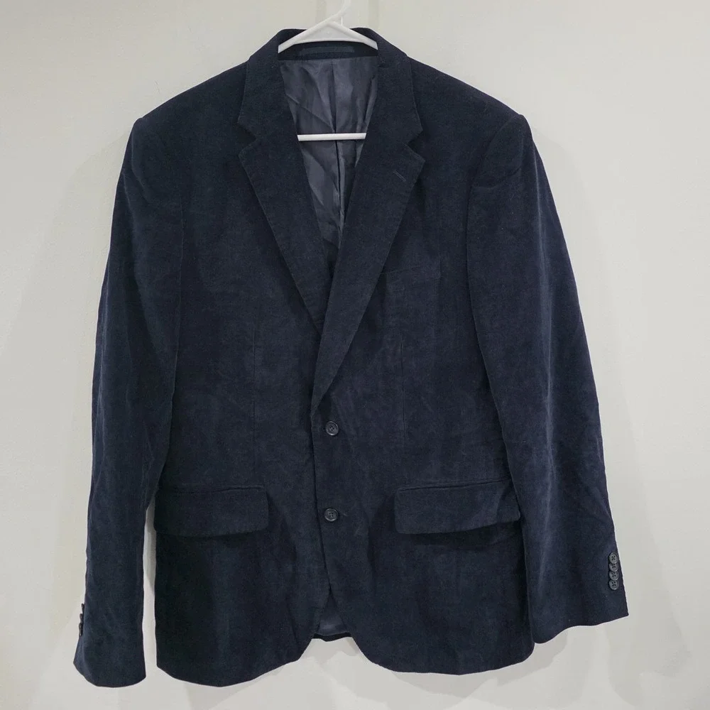 Frank Stella Mens Corduroy Blazer Jacket Size 40 L Navy Blue Preppy University
